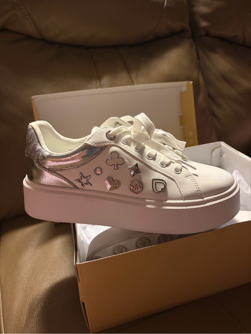 Michael Kors White Platform Sneakers with Metallic Rose Accents